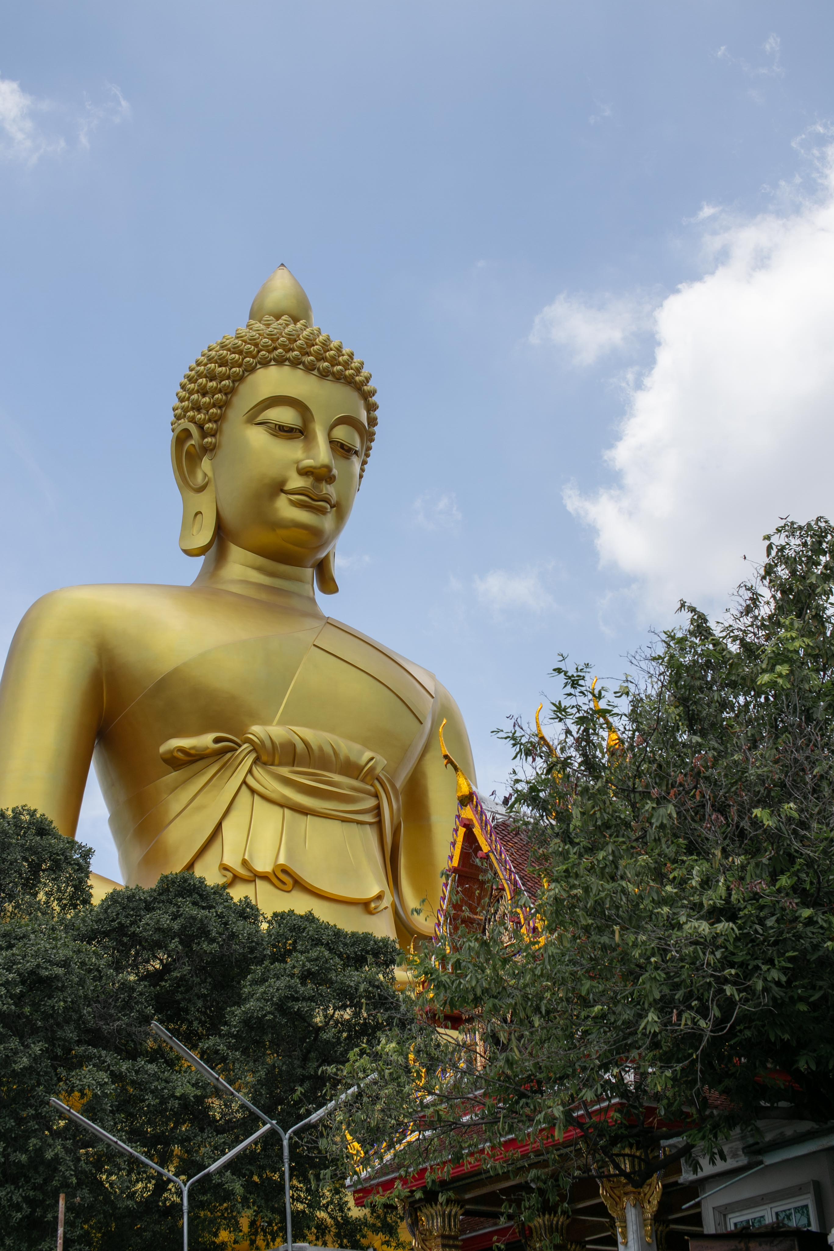 Close-up of the Giant Buddha's face at Wat Paknam, Bangkok.