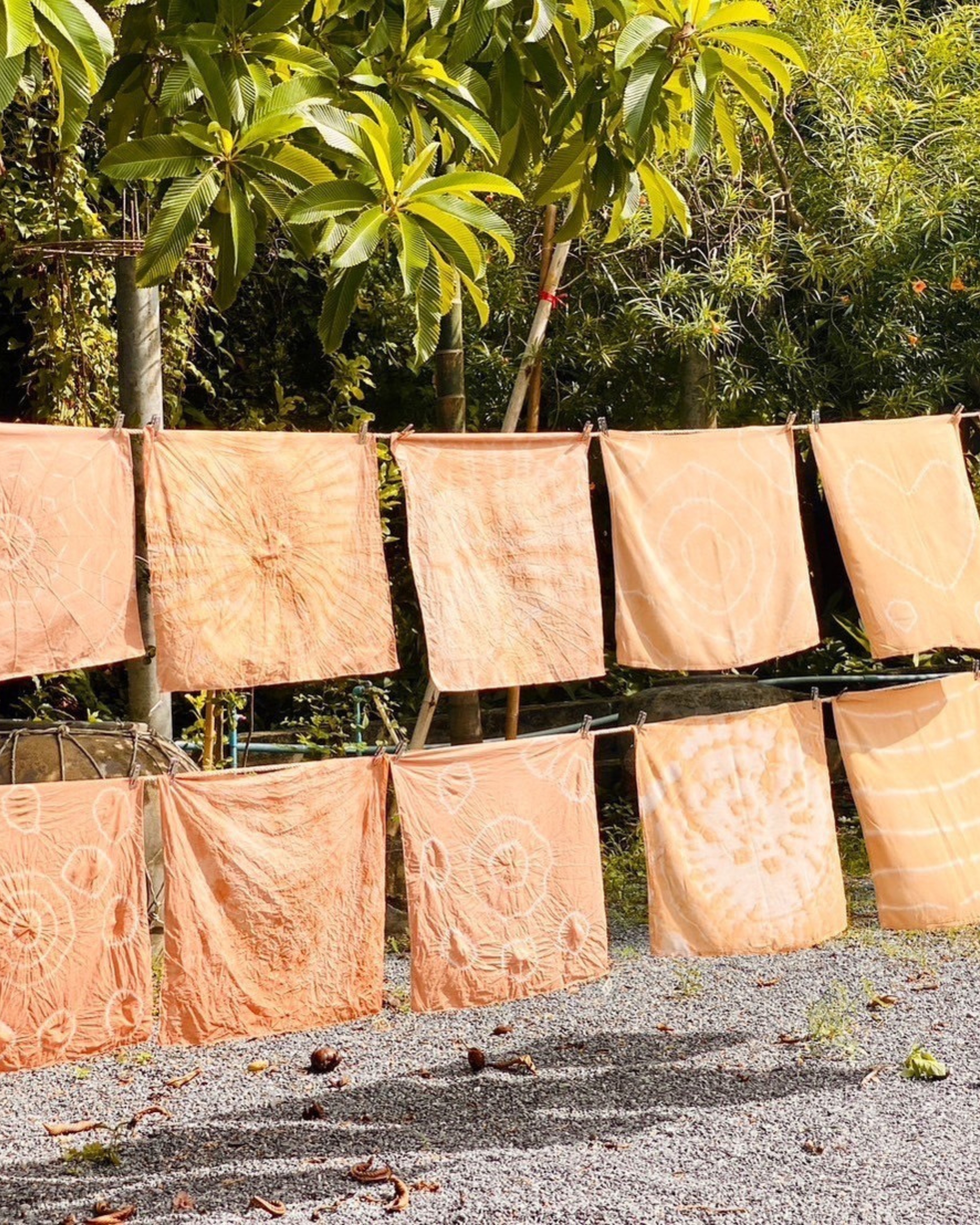 Rows of naturally dyed cloths hanging to dry in the garden after the tie-dye workshop.